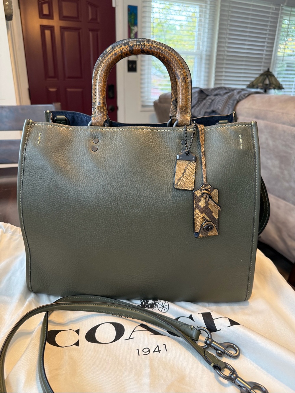 COACH Olive Green Rogue 36 w/ Genuine Python Handles - Picture 14 of 16